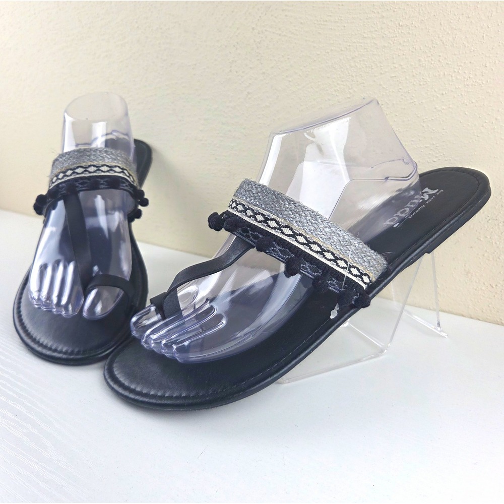 Mudd Women's Size 11 Black Gray Thong Slip On Flat Sandals Pom Pom Straps NWOT